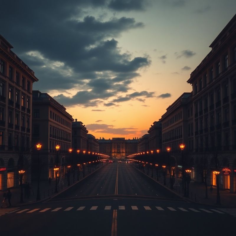 Bulevard arhitectural în tonuri de antracit și auriu la apus